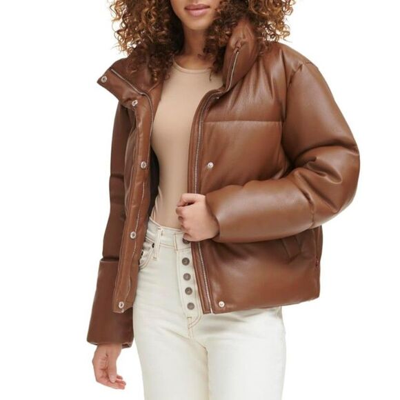 Levi’s Women’s Vegan Leather Quilted Short Puffer Jacket – Caramel, Size Medium - Picture 2 of 4